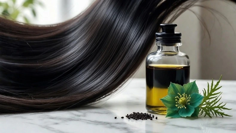 Bottle of black seed oil next to Nigella sativa seeds and a flower, with long dark hair behind it