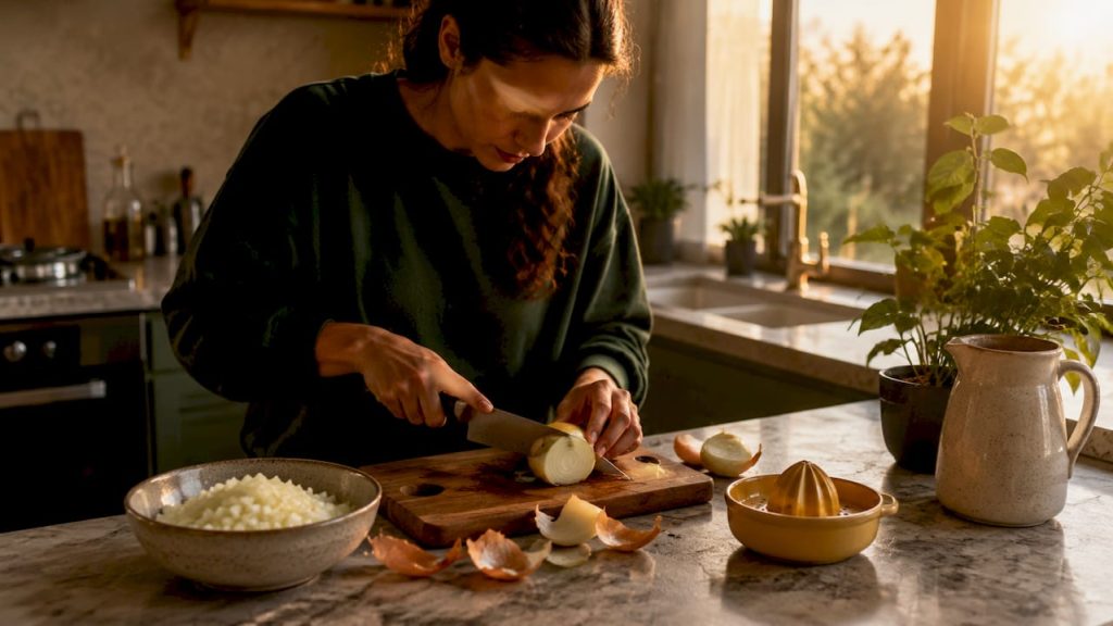 Hands preparing onion juice in kitchen