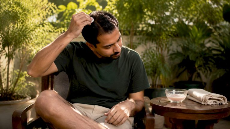 Man applying onion juice to scalp at home bathroom
