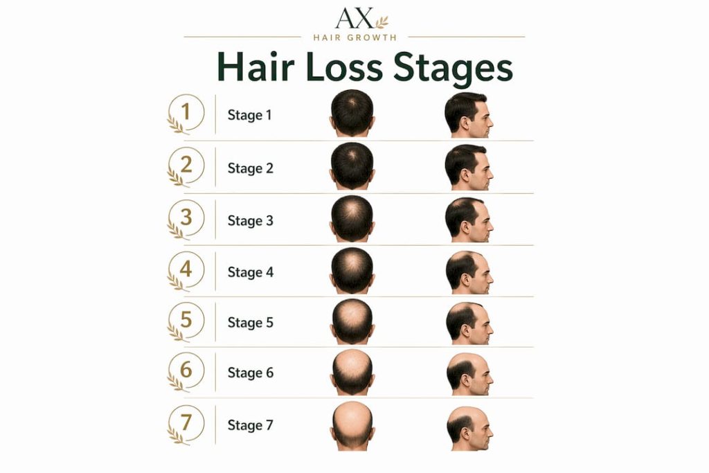 Infographic illustrating hair loss stages in vertical flow