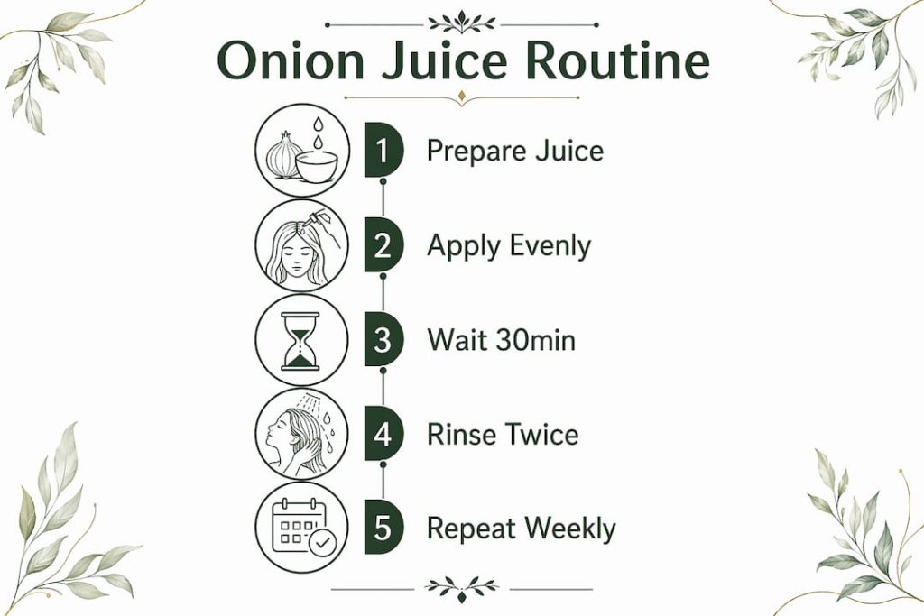 Infographic showing onion juice hair loss routine steps