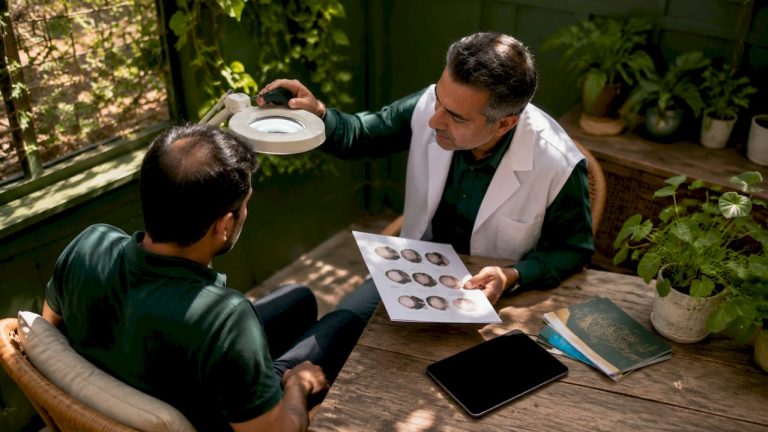 Dermatologist examining patient's scalp for hair loss