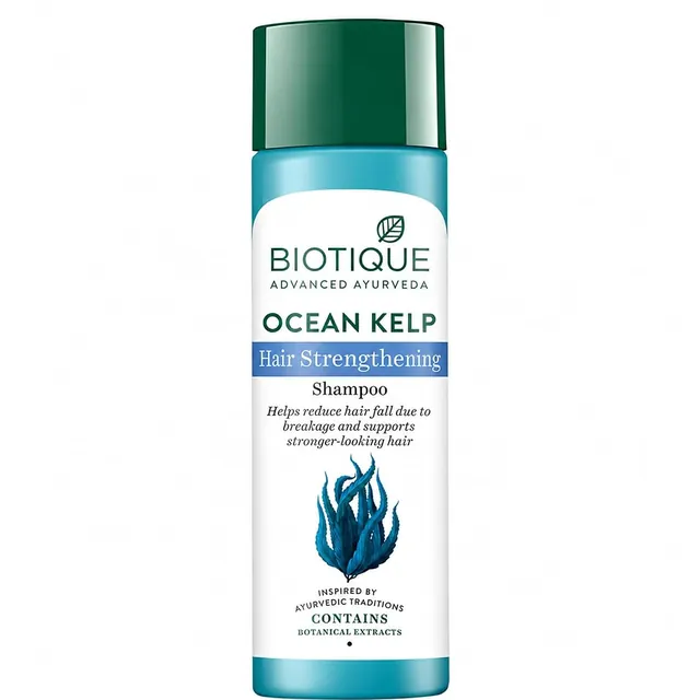 Biotique Ocean Kelp Hair Strengthening Shampoo bottle with teal body and green cap