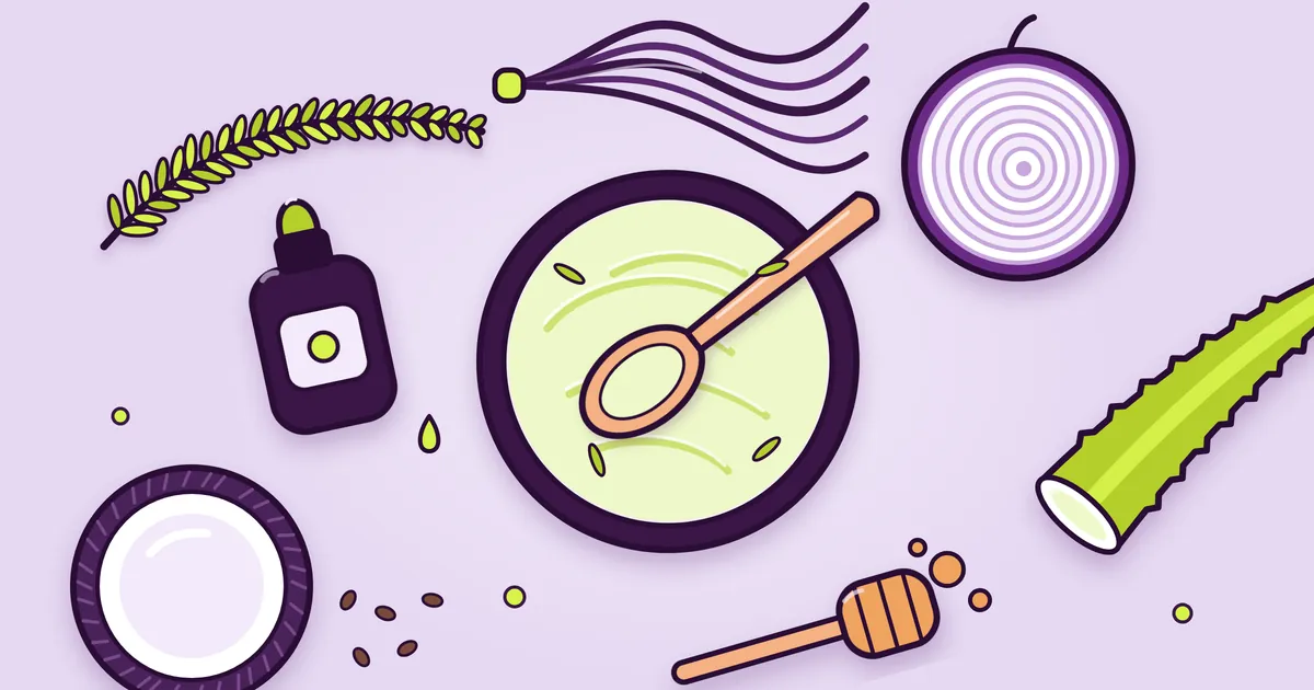 Flat-lay illustration of homemade hair mask ingredients around a bowl of aloe and coconut mask: a rosemary sprig, a dropper bottle of rosemary oil, a halved red onion, an aloe leaf, a coconut half, a honey dipper and a lock of hair
