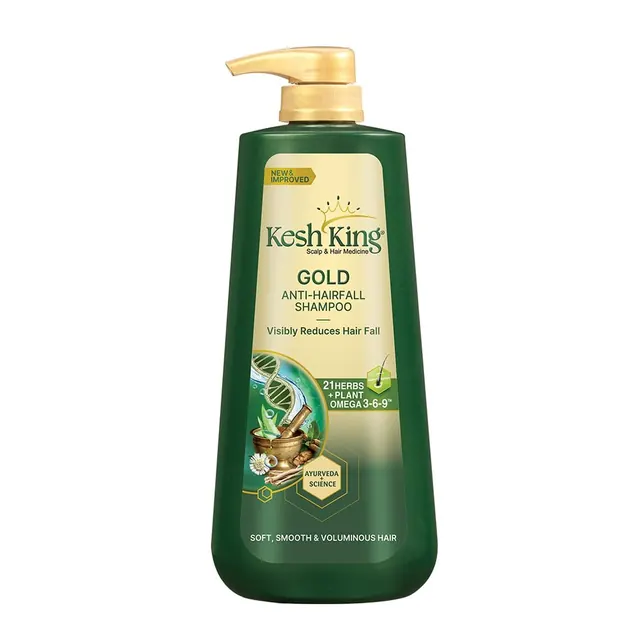 Kesh King Gold Anti-Hairfall Shampoo in a green pump bottle